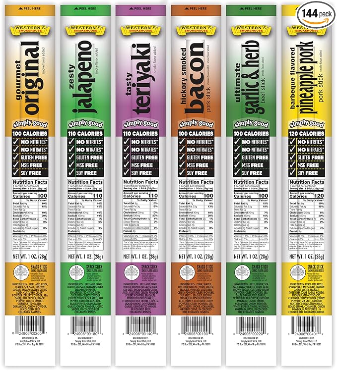 Western's Smokehouse Meat Sticks Fundraising Bulk Meat Stick Variety Pack of 144 24 Sticks per Flavor (1 Ounce)