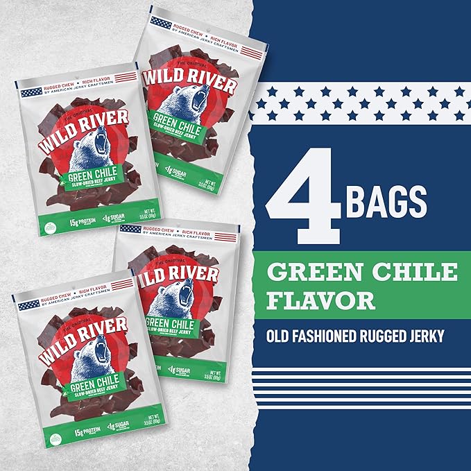 Wild River Green Chile Beef Jerky Old Fashioned 100% Beef Jerky Gluten Free Deliciously Seasoned Protein Snacks Savory Meat Snack for Lunches Ready to Eat 15g of Protein 3.5 Ounce (Pack of 4)
