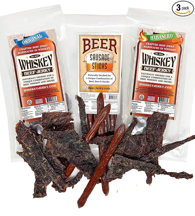 WhiskeyJerky.com Beef Jerky and Sausage Sticks Marinated in Whiskey Variety 3-Packs Jerky Gifts for men (Orig &amp Habanero Whiskey Jerky/Beer Sausage)