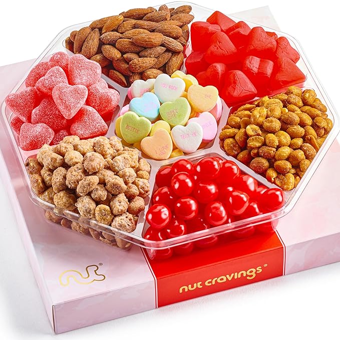 NUT CRAVINGS - Easter Mixed Nuts &amp Heart Candy Gift Basket in Red Gold Box (7 Assortments 1 LB) Ramadan Gifts Saint Patrick's Treats for Adults Food Arrangement Healthy Snack Care Package Kos