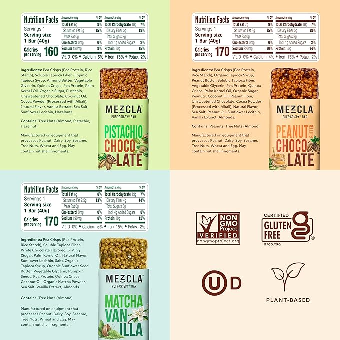 Mezcla Puff-Crispy Plant Based Protein Bars - Fan Favorites Pack - Healthy Snacks for Adults &amp Kids - Perfect School Travel &amp Office Snacks - Gluten Free Vegan Non GMO 10g Protein - 12 Co