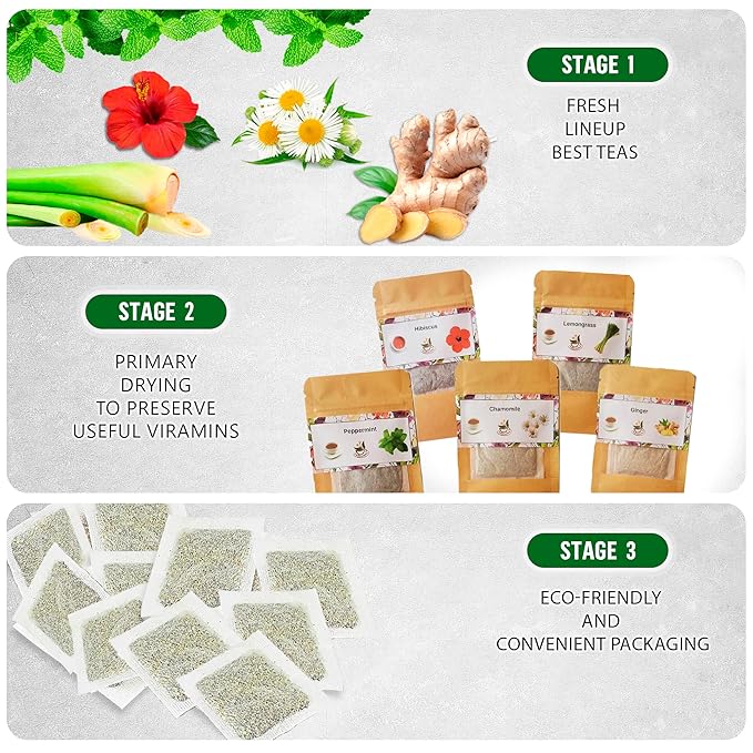 TeaDreamTea Tea Bag Sampler | 25 Bleach-Free Tea Bags | Caffeine Free | Dried Hibiscus Flowers | Ginger Lemongrass Chamomile &amp Peppermint Tea Bags