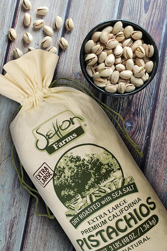 Setton Farms Pistachios Dry Roasted and Salted Pistachios Extra Large Premium California Pistachios In Shell Pistachios 3lb Burlap Gift Bag 48 oz Certified Non-GMO Gluten Free Vegan and Kosher