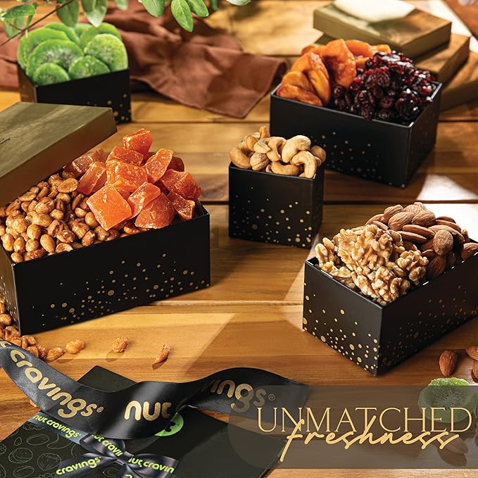NUT CRAVINGS - Easter Dried Fruit &amp Mixed Nuts Gift Basket Black Tower + Ribbon (8 Assortments) Ramadan Gifts Food Arrangement Healthy Snack Care Package Kosher