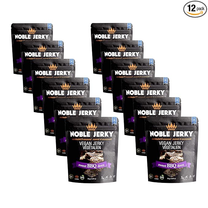 Noble Jerky – Vegan Jerky Plant-Based High Protein Snack Vegetarian Non-GMO BBQ Flavor 12 Pack (70g Bags) 14g Protein Per Bag