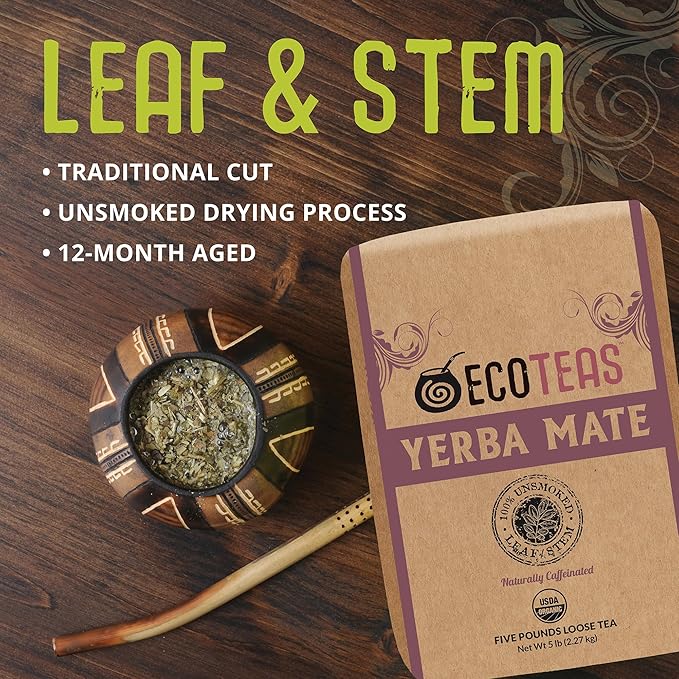 ECOTEAS Organic Yerba Mate Loose Leaf Tea – Unsmoked Detox Herbal Tea for Natural Energy – Coffee Alternative - Kosher Non-GMO Gluten-Free - Traditional Leaf-Stem Cut 5 lb