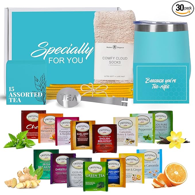 Tea Gifts for Women – Sampler Gift Basket with 15 Unique Blends Honey Sticks Stainless Tumbler Cozy Socks &amp Gift-Ready Box (Cozy Socks -Teal)