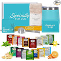 Tea Gifts for Women – Sampler Gift Basket with 15 Unique Blends Honey Sticks Stainless Tumbler Cozy Socks &amp Gift-Ready Box (Cozy Socks -Teal)