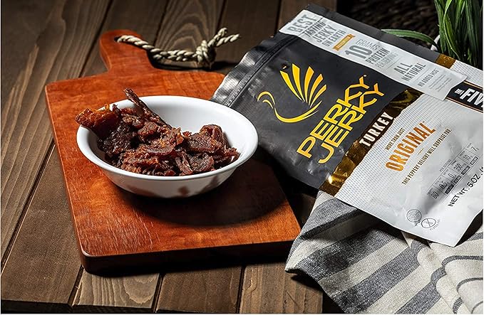 Perky Jerky Original Turkey Jerky 5 oz Bags (Pack of 6) - Low Sodium - 10g Protein per Serving - Low Fat - 100% U.S. Sourced - Tender Texture and Bold Flavor