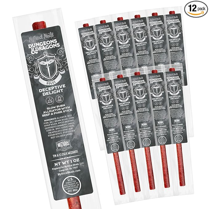 Mythical Meats Dungeons &amp Dragons Deceptive Delight (Rogue) - 12 Jerky Sticks - Slow Burn Alligator with Beef &amp Pork Stick Gluten Free MSG Free