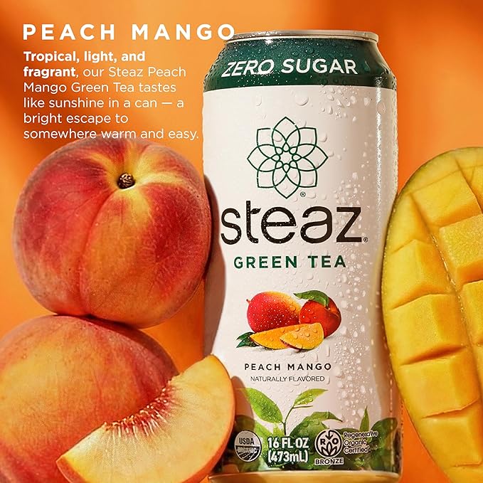 Steaz - Organic Green Tea - Zero Calorie Peach Mango (12 Pack) - Antioxidant Brew - 65mg Natural Caffeine Vitamin C - Stevia Sweetened Iced Tea - Vegan Fair Trade - 12 Cans 16 fl oz (473mL)