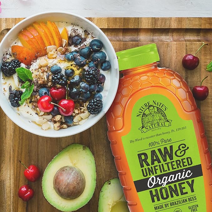 Nature Nate’s 100% Pure Raw &amp Unfiltered Organic Honey 16-oz Squeeze Bottle - 12 Pack Made by Brazilian Bees Enjoy Honey’s Balanced Flavor and Wholesome Benefits