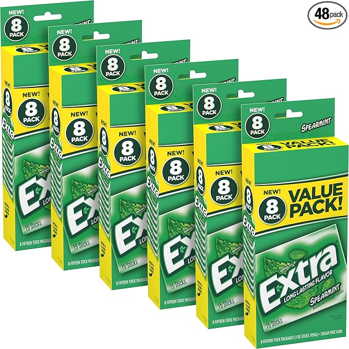 EXTRA Chewing Gum Sugar-Free Spearmint Flavor 8 ct/Box Pack of 6 (48 Count Total) Bulk Mint Gum