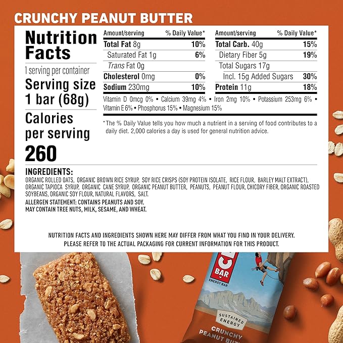 CLIF BAR - Crunchy Peanut Butter - Made with Organic Oats - Energy Bars - Non-GMO - Plant Based Protein Bars (12 Pack)