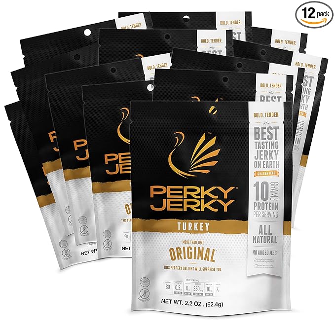 Perky Jerky Original Turkey Jerky Low Sodium - 10g Protein per Serving - Low Fat - 100% U.S. Sourced - Tender Texture and Bold Flavor 2.2 Ounce (Pack of 12)