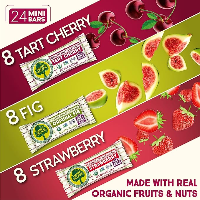 Happy Village Organic Mini Fig &amp Nut Bars VARIETY (24 Packs 0.7 OZ each) No Refined Sugar Kosher Non-GMO Gluten Free Vegan Good Source of Fiber Snack Bars (8 Tart Cherry 8 Fig 8 Strawber