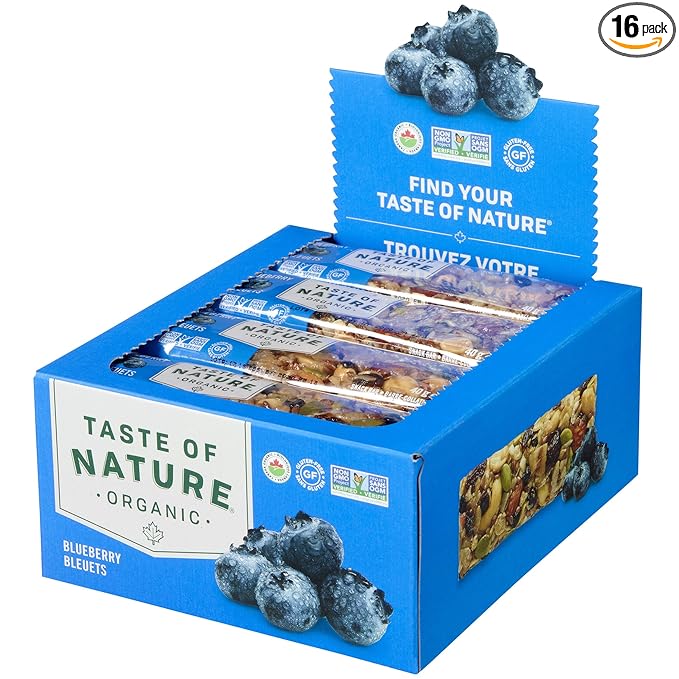 Taste of Nature Organic Blueberry Snack Bar - Healthy Gluten Free Non GMO Vegan Snack Bars with Mixed Nuts Fruits and Seeds - 16-Count Snack Pack