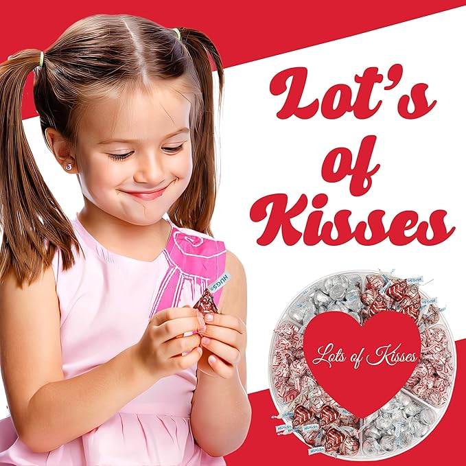 Valentine's Chocolate Candy Gift Box Hershey Milk Chocolate Kisses Assortment in Red and Silver Foils Heart Adorned 6 Sectional Tray Gift Basket for Wife Husband Couples Friends Men and Women