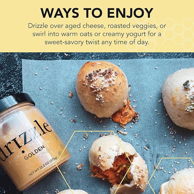 Drizzle Golden Raw Honey - All Natural Pure Raw Honey Unfiltered &amp Unheated Use in Tea &amp Coffee Sugar Substitute Certified Kosher - 13.2 oz Jar (375 g) Pack of 2
