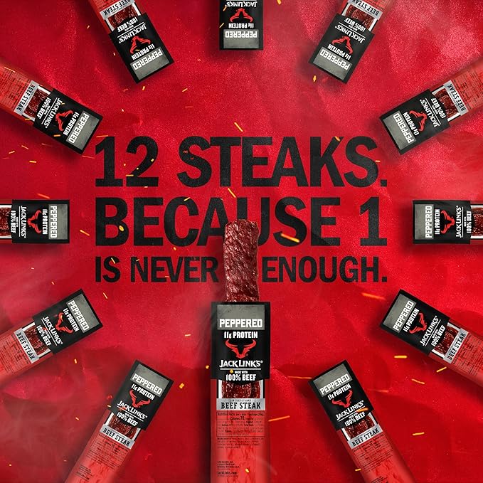 Jack Link's Beef Steak Peppered - Protein Snacks Meat Snack with 11g of Protein Made with 100% Beef Individually Wrapped Bulk Snack Pack Keto Friendly - 1 Oz. (12 Count)