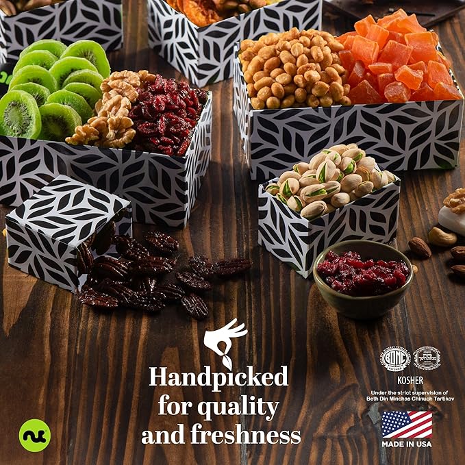 NUT CRAVINGS - Easter Dried Fruit &amp Mixed Nuts Gift Basket Leaf Tower + Ribbon (12 Assortments) Ramadan Gifts Saint Patrick's Day Food Arrangement Healthy Snack Care Package Kosher