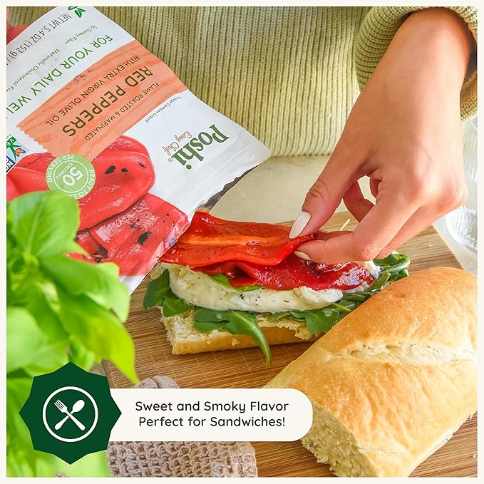 POSHI Flame Roasted Red Peppers in Extra Virgin Olive Oil Natural Keto Vegan Non GMO Low Carb + Calorie Gluten Free Ready to Eat Fully Cooked Vegetables Pentry Food Gourmet 6 Pack 5.4 oz