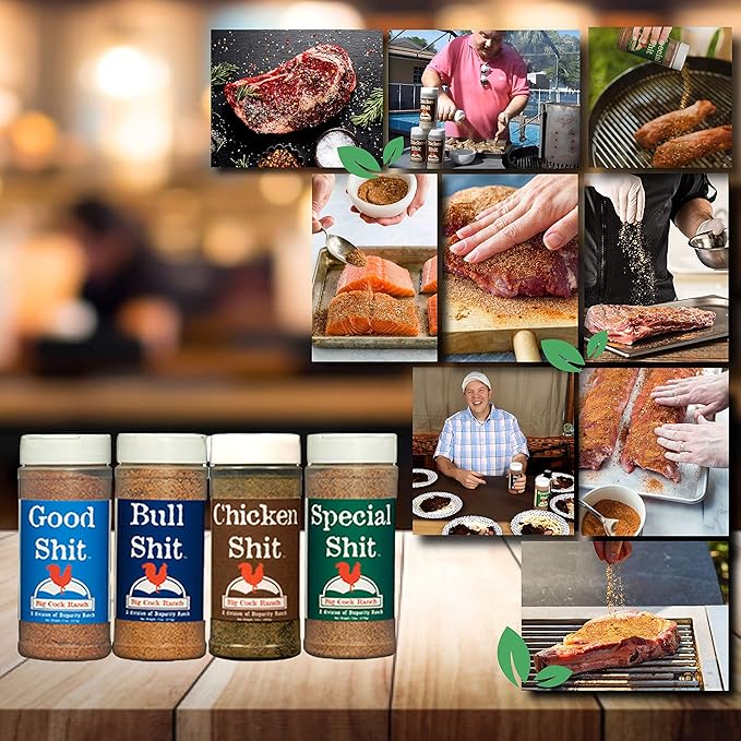 Big Cock Ranch Gourmet Seasoning Bundle All-Purpose Special Shit 13oz Bull Shit for Steak 12oz Good Shit Sweet N' Salty 11oz and Chicken Shit 12oz Gluten-Free and No MSG
