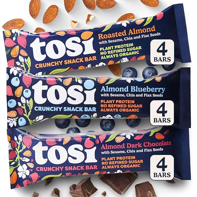 Tosi Almond Variety Pack Protein Bars Plant Based with Nuts Gluten-Free Crunchy Snacks Vegan Organic Flax &amp Chia Seeds Soy-Free Omega 3s 5G Protein 1 oz 12-Pack