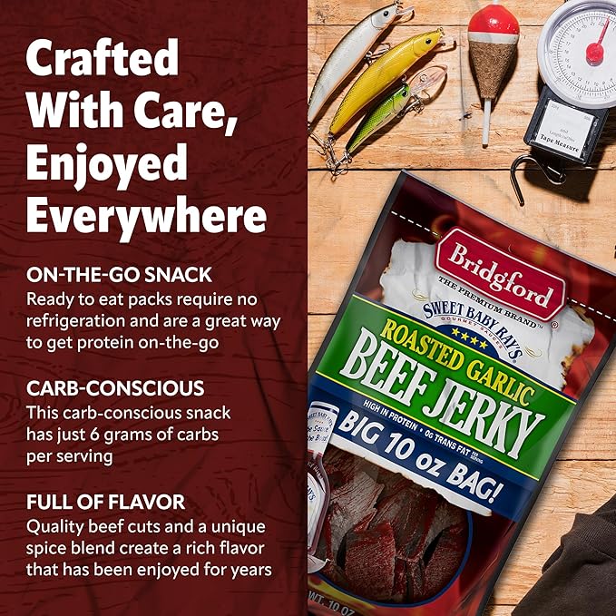 Bridgford Sweet Baby Ray's Beef Jerky Roasted Garlic 10 oz Pack of 6 - Healthy High Protein Beef Jerky for Your Dietary Preferences - Ready-to-Eat Snacks for On-The-Go Snacking and Busy Lifestyles