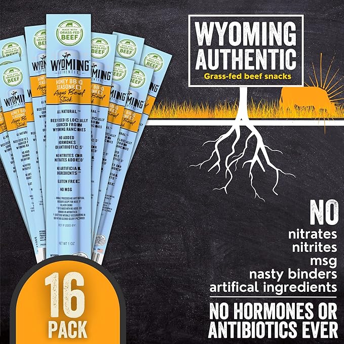 Wyoming All-Natural Grass-Fed Beef Sticks Bulk-Nitrate Free Jerky Meat Stick-No Artificial Ingredients-Clean Tasty Meat Snacks-Angus Beef Sticks Individually Wrapped-16pk