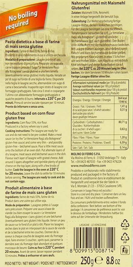 Le Veneziane Gluten Free Lasagne 250 g (Pack of 3)
