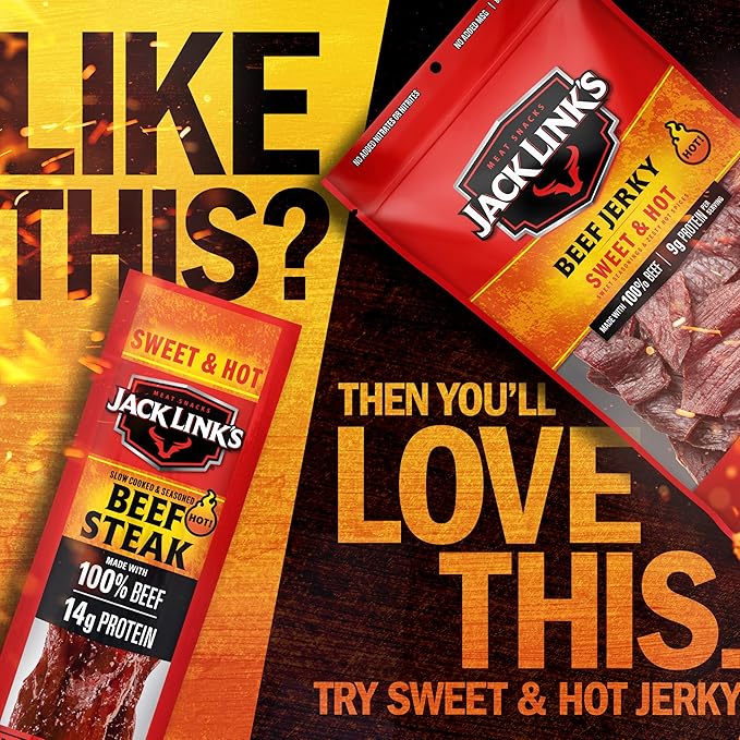 Jack Link's Beef Steak Sweet &amp Hot - Protein Snacks Meat Snack with 14g of Protein Made with 100% Beef Individually Wrapped Bulk Snack Pack - 2 Oz. (12 Count)