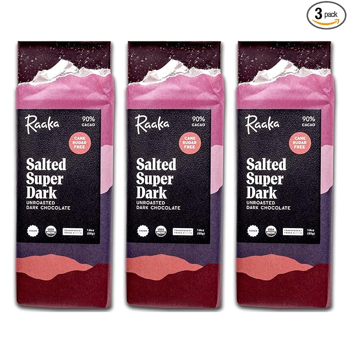 Raaka Salted Super Dark Chocolate Bars - 90% Cacao Organic Vegan Kosher Gluten Free Cane Sugar Free - Lightly Sweetened with Coconut Sugar - 1.8oz Bars 3-Pack