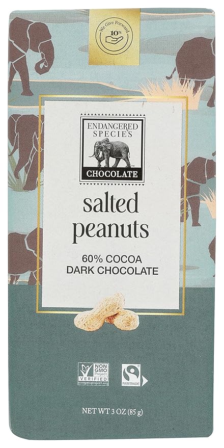 Endangered Species 60% Cocoa Salted Peanuts Dark Chocolate Bar Non GMO 3 Ounces (Pack Of 12)