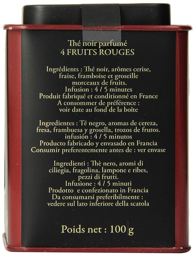 Dammann Freres Loose Leaf Quatre Fruits Rouges Premium Gourmet French Black Tea Blend Strawberry Cherry Raspberry Red Currant Flavors 3.52 Ounce Tin