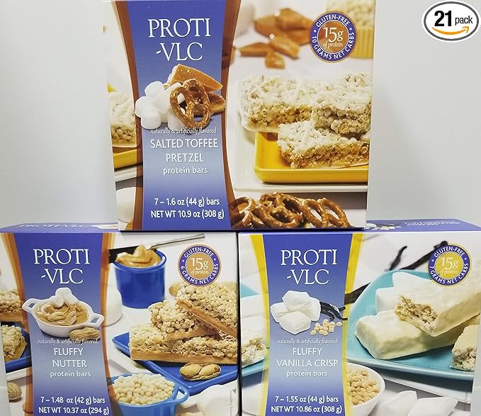 Proti Fit VLC Bar high Protein Diet bar Bundle (21 Servings) Fluffy Vanilla. Fluffy Nutter Salted Toffee - | Healthy Nutritious| Low Calorie Low Fat Low Carb Low Sugar
