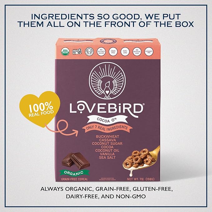 Lovebird Organic Cereal That Actually Tastes Good - 100% Real Food &amp Healthy Gluten Free Cereal No Refined Sugar Paleo Keto Friendly Healthy Snacks for Kids Adults - Cocoa 3-Pack