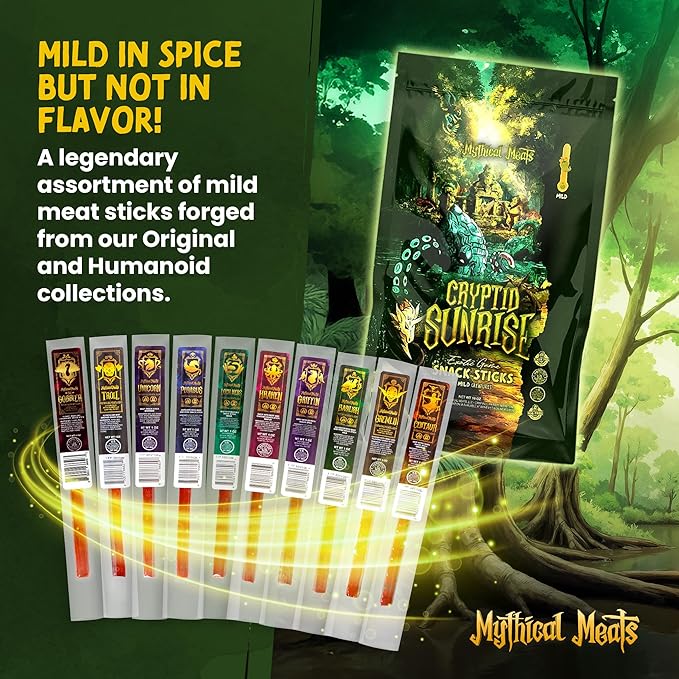 Mythical Meats Cryptid Sunrise Mild Variety Pack – 10 Legendary Exotic Game &amp Beef Snack Sticks – Dried &amp Dehydrated Meats Seasoned to Perfection – Bold Flavors Low Sugar &amp High Protein S
