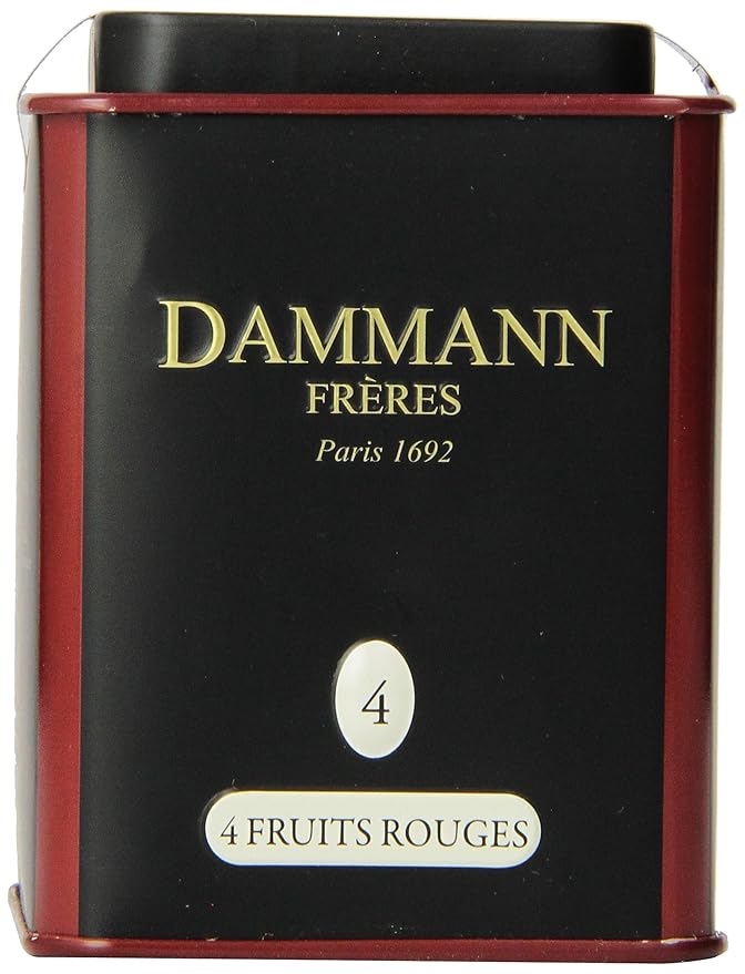 Dammann Freres Loose Leaf Quatre Fruits Rouges Premium Gourmet French Black Tea Blend Strawberry Cherry Raspberry Red Currant Flavors 3.52 Ounce Tin