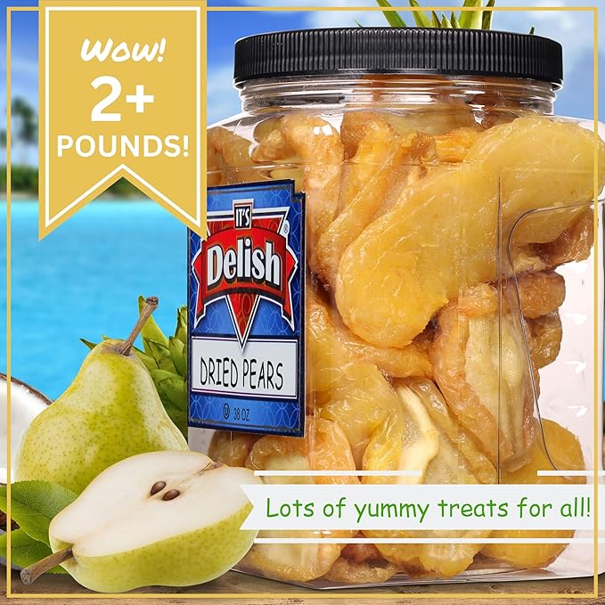Dried Pears by It's Delish 38 Oz Jumbo Container | Fancy California Pear Slices No Sugar Added | Healthy Dried Fruit Snack Food Naturally Sweet Moist and Chewy Dry Fruit Snacks | Vegan Kosher