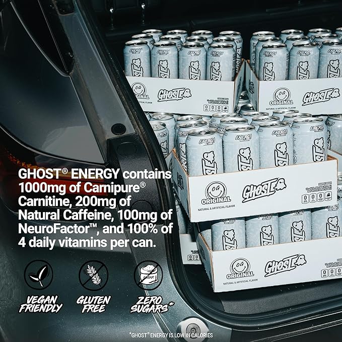 GHOST Energy Drink - 12-Pack Original 16oz - Energy &amp Focus &amp No Artificial Colors - 200mg of Natural Caffeine L-Carnitine &amp Taurine - Gluten-Free &amp Vegan