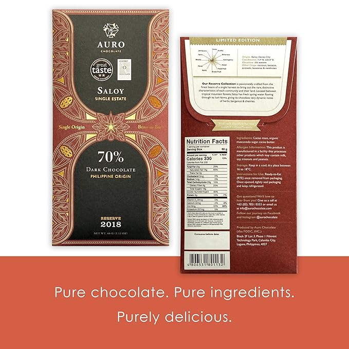 Auro Reserve Saloy 70% Dark Chocolate 5 Pack - Filipino Chocolate - Premium Made At Origin Direct Trade Bean-to-Bar Woman Owned BIPOC Owned - Vegan Gluten-Free - Bundle