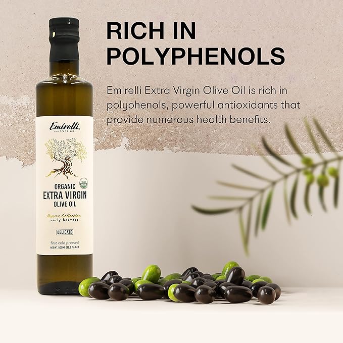 Emirelli Organic Extra Virgin Olive Oil - USDA Certified Rich in Polyphenols First Cold Pressed - Early Harvest Smooth Intense and Delicate Flavor - Glass Bottle 16.9 Fl Oz (Organic Delicate Inte