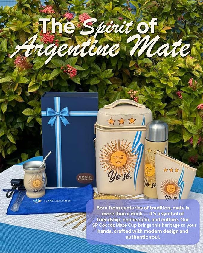 Yerba Mate Cup Set – Complete Argentine Yerba Mate Kit - 750 ml Stainless Steel Bottle Mate Gourd Bombilla Neoprene Bag Yerba Container &amp Gift Box (Yo Sé – Sol Argentino)