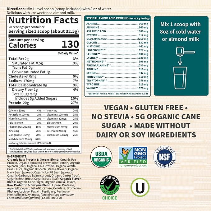 Garden of Life Raw Organic Protein &amp Greens Lightly Sweet Vegan Protein Powder for Women and Men Plant and Pea Protein Greens Probiotics Gluten Free Low Carb Shake Made Without Dairy 20 Servi