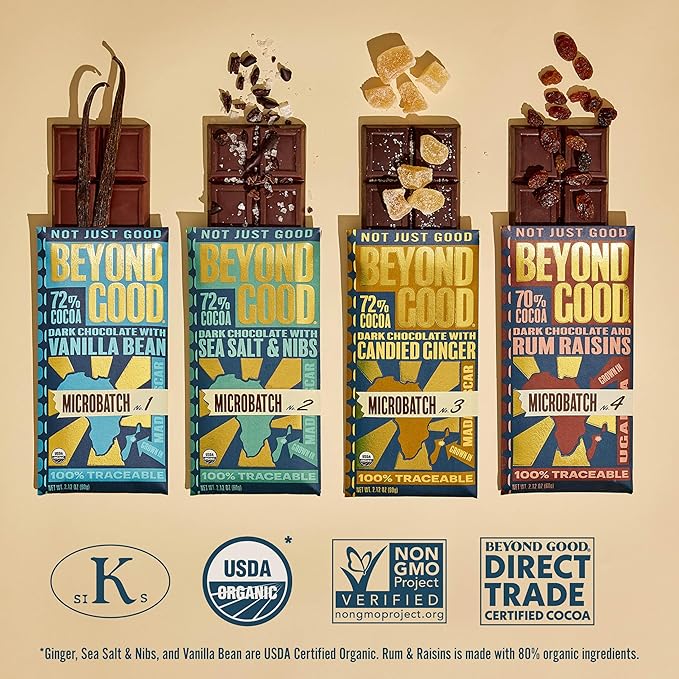 Beyond Good Chocolate Bars | 4 Pack Microbatch Variety Pack | Direct Trade Vegan Kosher Non-GMO | Single Origin Madagascar Heirloom Chocolate | 4 Pack