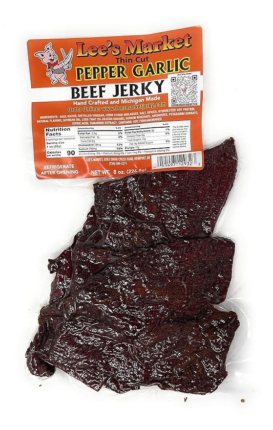 Lee's Market Pepper Garlic Thin Cut Beef Jerky - Soft &amp Tender - Healthy Low Carb Gluten-Free Snack - Paleo &amp Keto-Friendly - Michigan Made Handcrafted Jerky - Specialty Gourmet Meat Snacks -