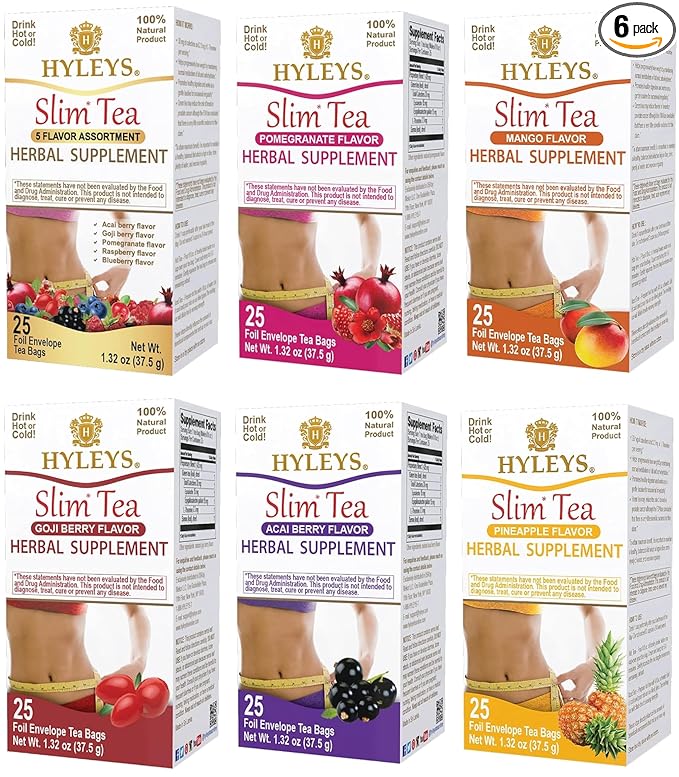 Hyleys Slim Tea Variety Pack – 6 Flavors Including 5 Flavor Assortment Pomegranate Mango Goji Berry Acai Berry and Pineapple – 150 Tea Bags