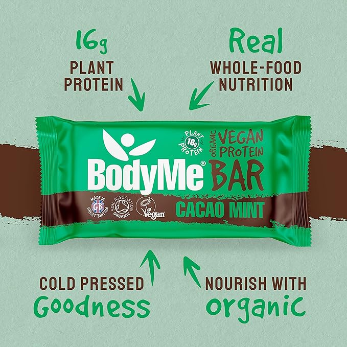 BodyMe Organic Vegan Protein Bar | Raw Cacao Mint | Box of 12 x 2.12oz (60g) | with 3 Plant Proteins
