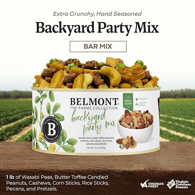 Belmont Peanuts Backyard Party Mix 18 oz (Pack of 1) | Butter Toffee Peanuts Wasabi Peas Cashews Corn &amp Rice Sticks Pecans Pretzels | Simple Ingredients No Preservatives Hand-Seasoned